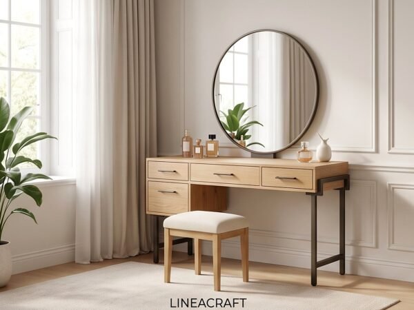 Dressing Table with Round Mirror and Stool