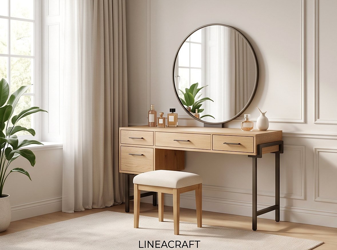 Dressing Table with Round Mirror and Stool
