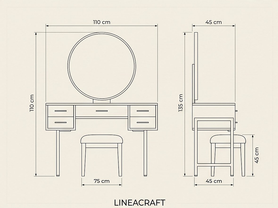 Dressing Table with Round Mirror and Stool – 4
