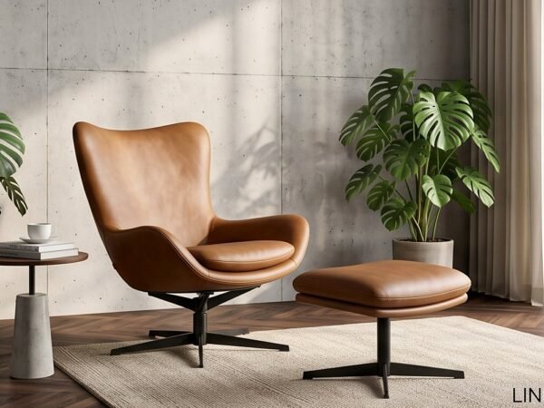 Coquille Swivel Armchair in Cognac Leather + Footstool