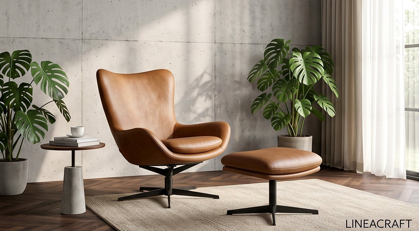Coquille Swivel Armchair in Cognac Leather + Footstool