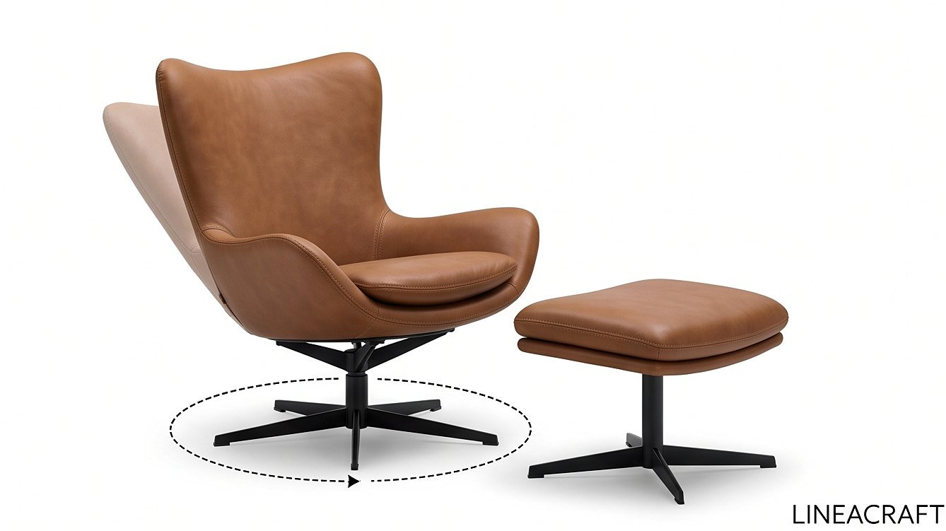 Coquille Swivel Armchair in Cognac Leather + Footstool – 2
