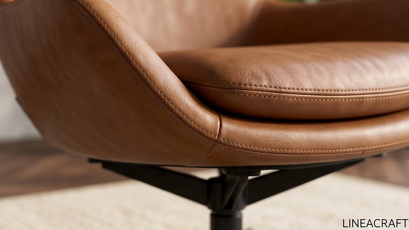 Coquille Swivel Armchair in Cognac Leather + Footstool – 3
