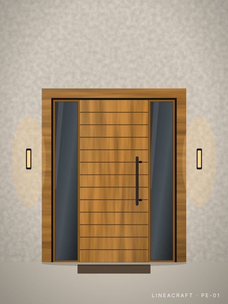 Front entrance door PE-01 – horizontal grooves, honey oak – LINEACRAFT