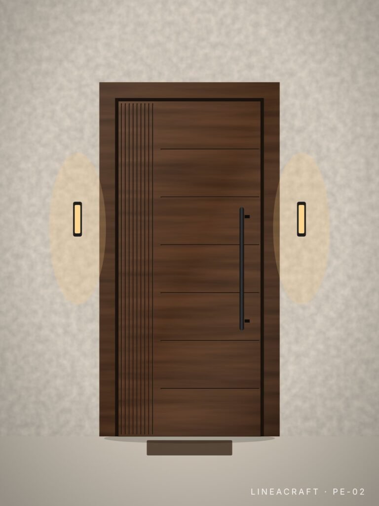 Front entrance door PE-02 – fluted, walnut – LINEACRAFT