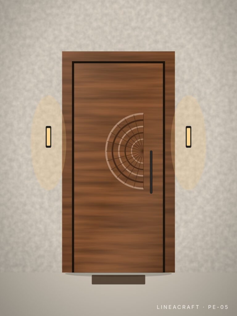 Front entrance door PE-05 – sunburst motif, teak – LINEACRAFT
