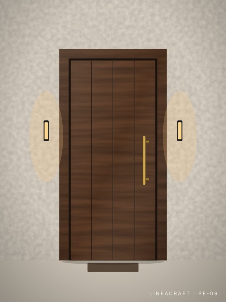 Front entrance door PE-09 – vertical grooves, walnut – LINEACRAFT