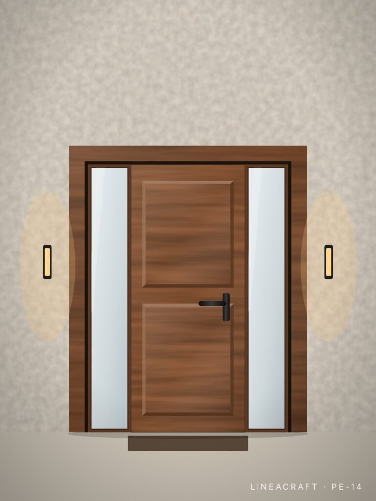 Front entrance door PE-14 – two raised panels, teak – LINEACRAFT