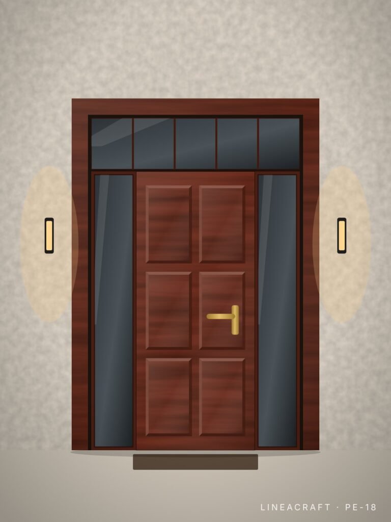 Front entrance door PE-18 – classic six panels, mahogany (sapele) – LINEACRAFT