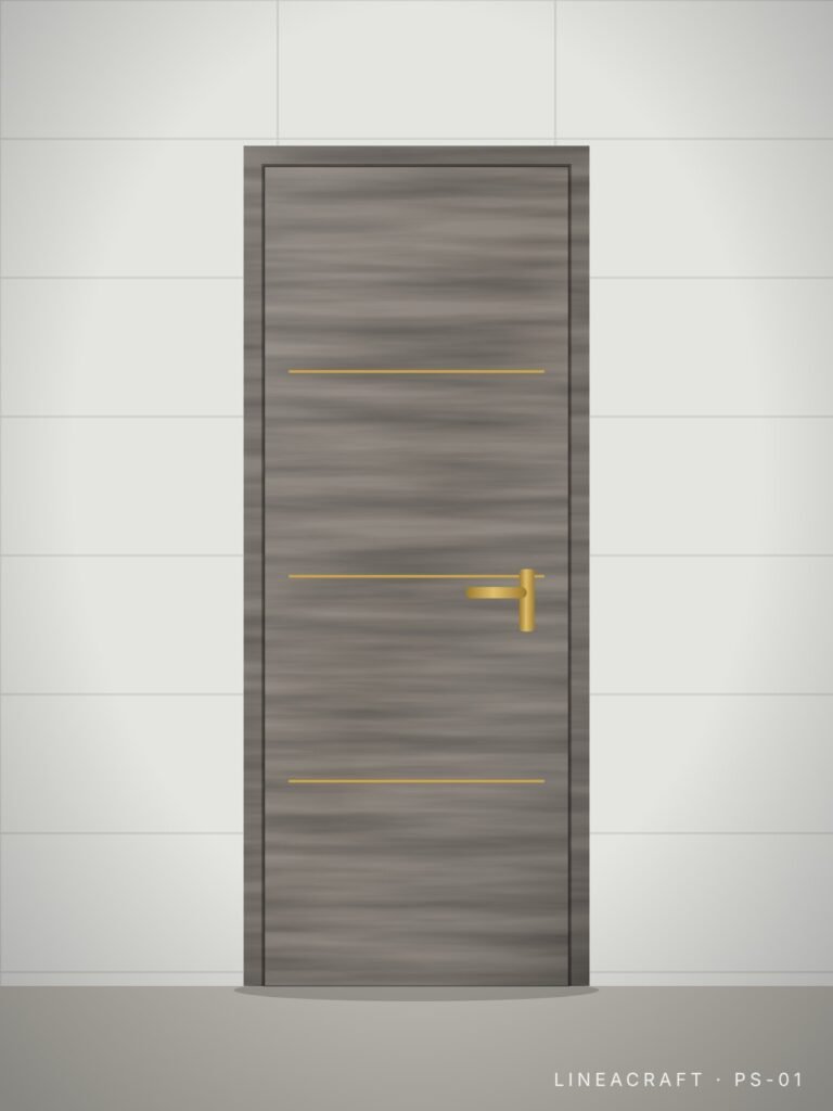 Bathroom door PS-01 – horizontal metal inlays, grey oak – LINEACRAFT