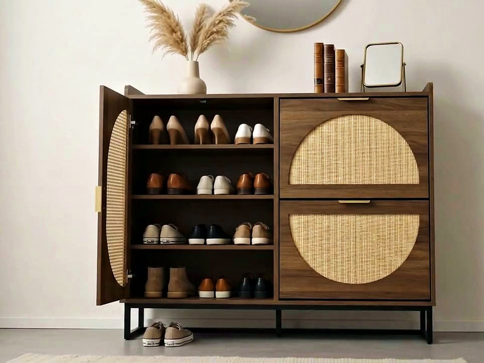 RIAD shoe cabinet – walnut & rattan cane – view 2