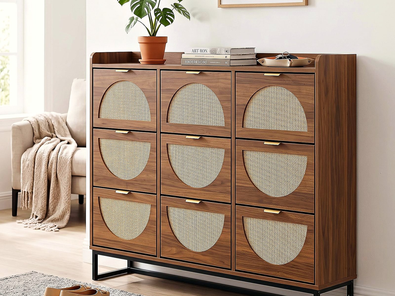 RIAD shoe cabinet – walnut & rattan cane – view 6
