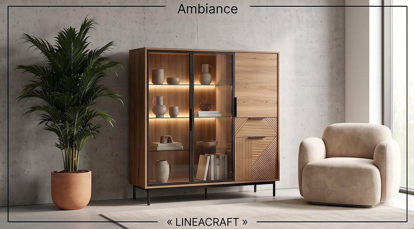 Tall Walnut Display Cabinet with LED